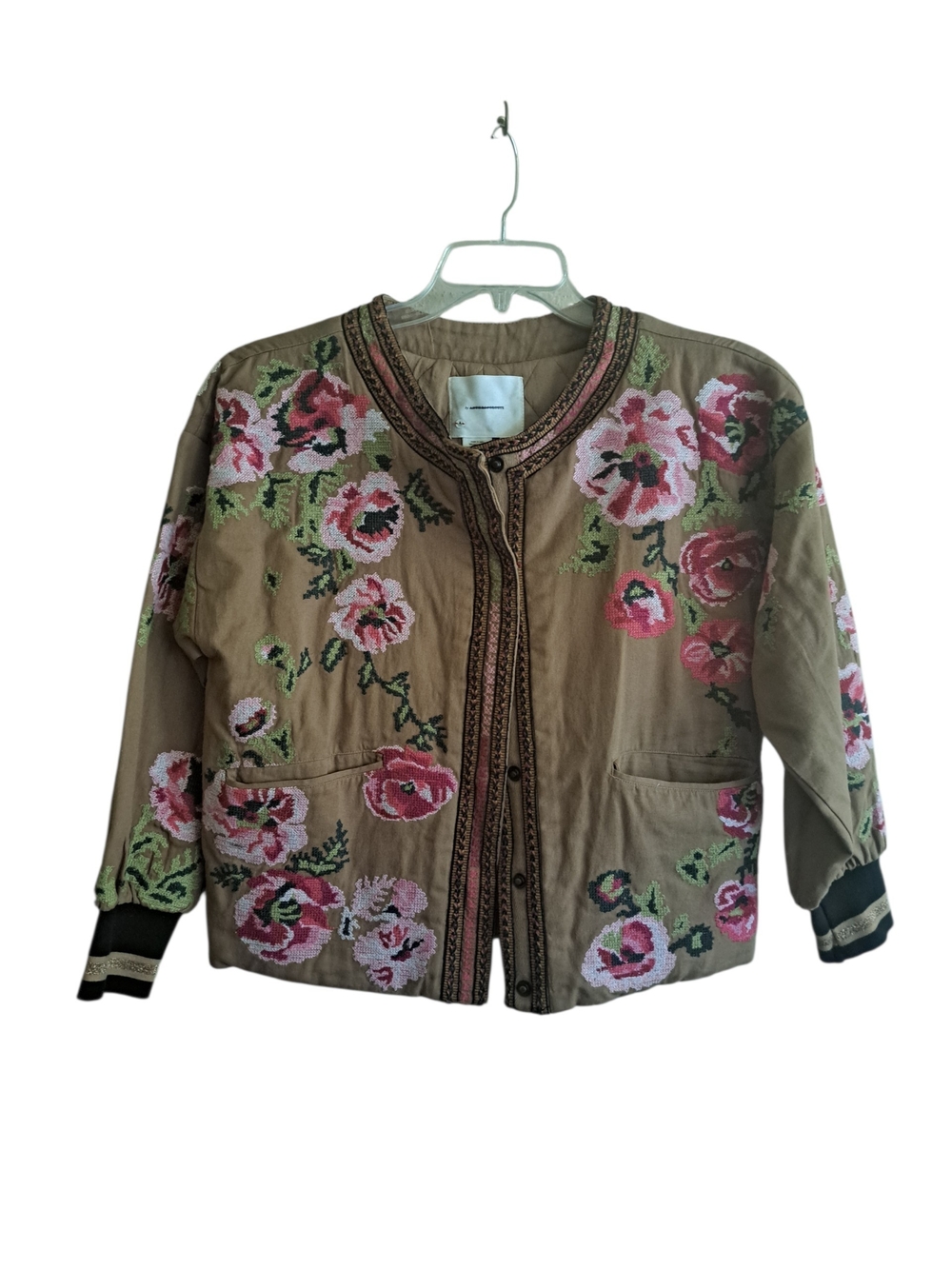 Anthropologie Tan Bomber Jacket with Pink Floral Embroidery